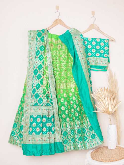 Parrot And Rama Green Bandhani Semi-Stitched Lehenga in Synthetic