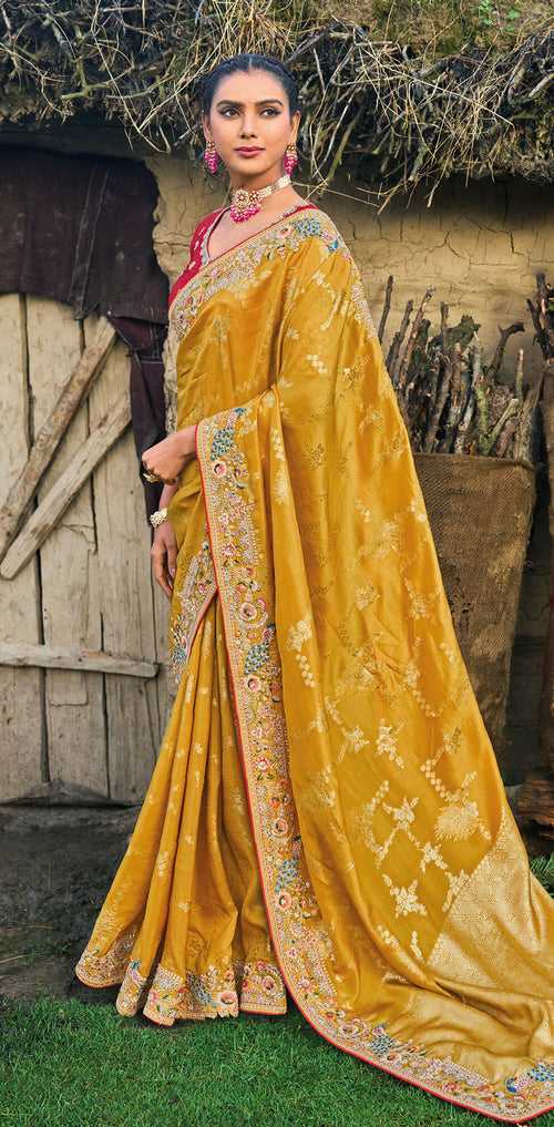 Yellow Embroidered Banarasi Saree in Synthetic
