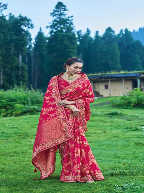 Pink Embroidered Banarasi Saree in Synthetic