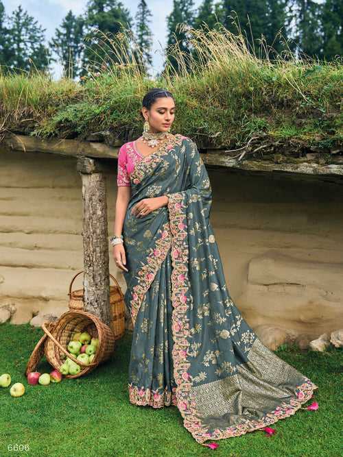 Grey Embroidered Banarasi Saree in Synthetic