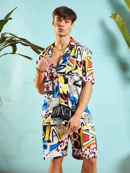 Men White Multi Colour Abstract Shirt With Shorts