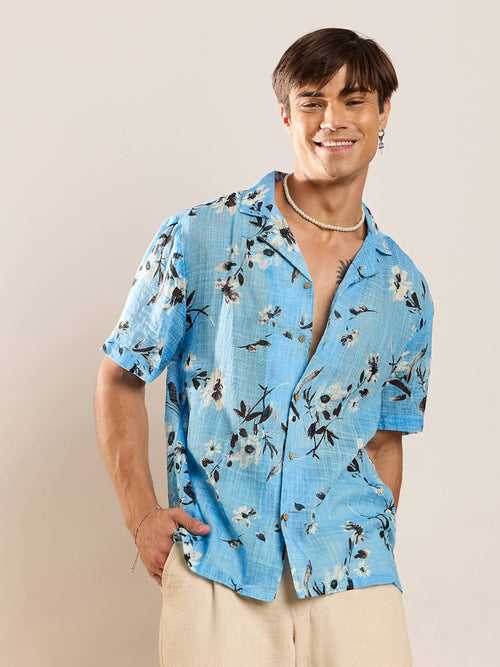 Unisex Sea Green & Black Floral Relax Fit Shirt