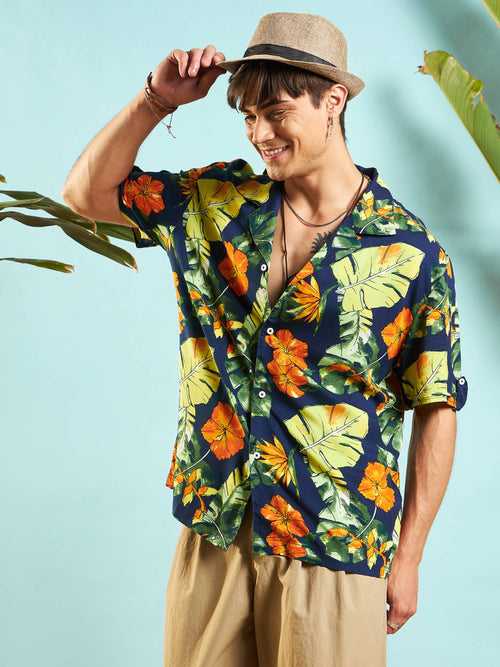 Men Navy Blue Tropical Print Relax Fit Shirt