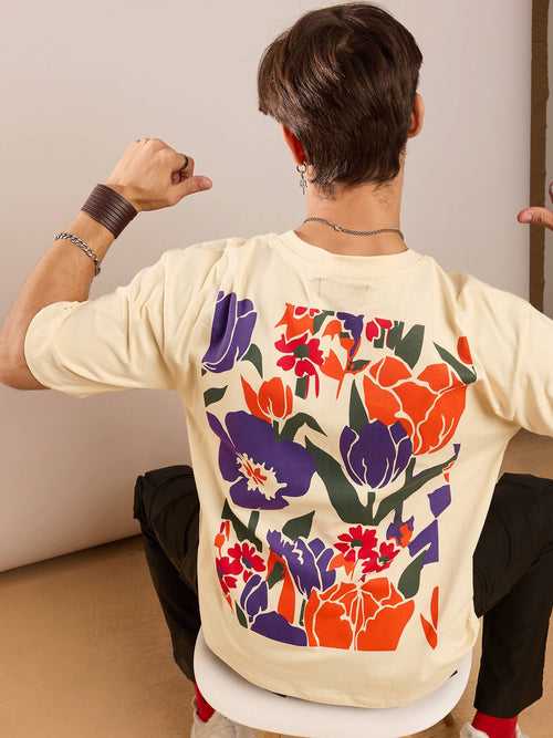 Unisex Beige Floral Back Print Oversized T-Shirt