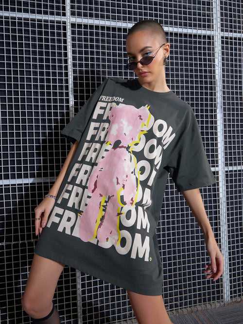 Women Grey FREEDOM Printed Oversized T-Shirt Dress