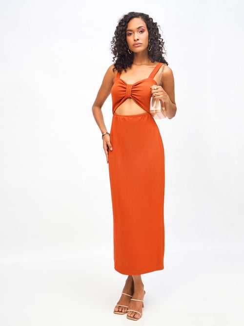 Women Rust Waist Cut Out Bodycon Dress