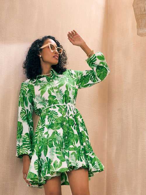 Women Green Leaf Print Flared Dori Belt Shirt Dress