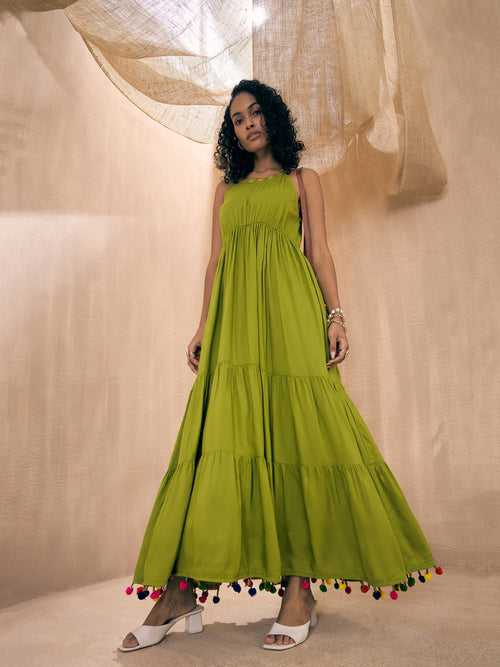 Women Green Rayon Embroidered Pom-Pom Tiered Maxi