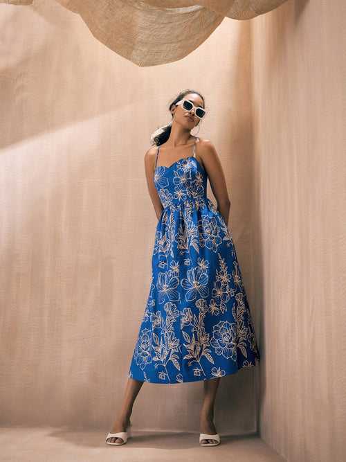 Women Blue Poplin Floral Strappy Back Tie Midi Dress