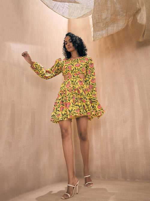Women Yellow Floral Side Cut-Out Short Tiered Dress