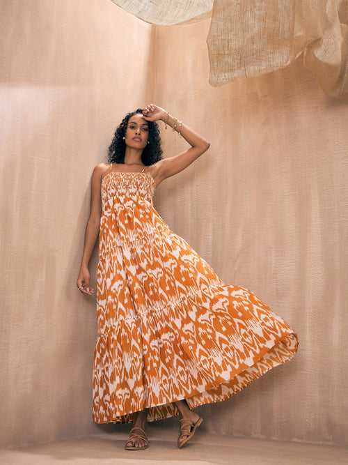 Women Brown Ikat Print Smocked Bust Tiered Maxi