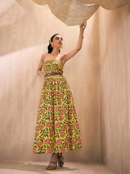 Women Yellow Floral Smocked Bust Tube Maxi