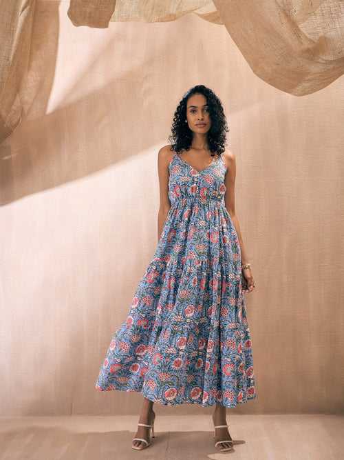 Women Blue Floral Strappy Tiered Maxi