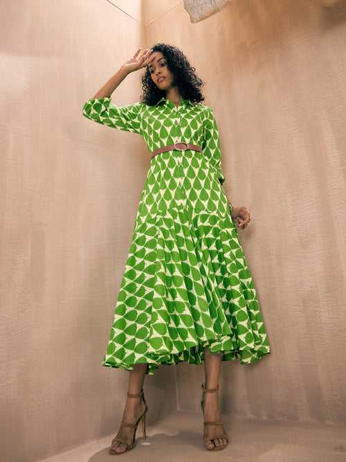 Women Green Leaf Front Button High Low Tiered Midi Dress