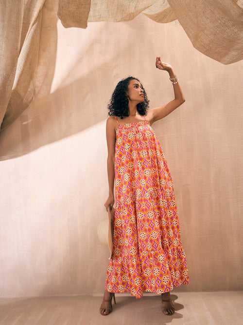 Women Orange Ikat Print Loose Fit Strappy Tiered Maxi