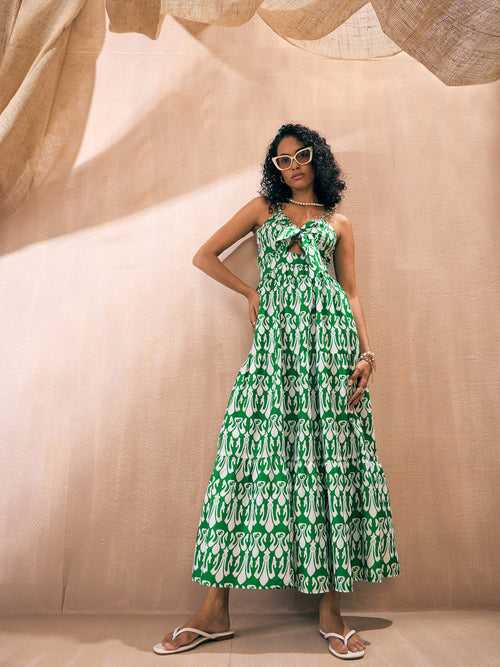 Women Green & White Ikat Print Front Knot Strappy Maxi