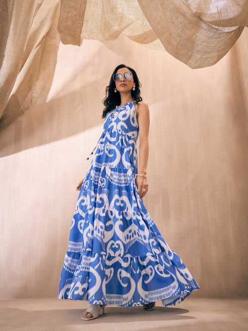 Women Blue & White Ikat Print Dori Neck Tiered Maxi