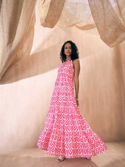 Women Pink & White Ikat Print Dori Neck Tiered Maxi