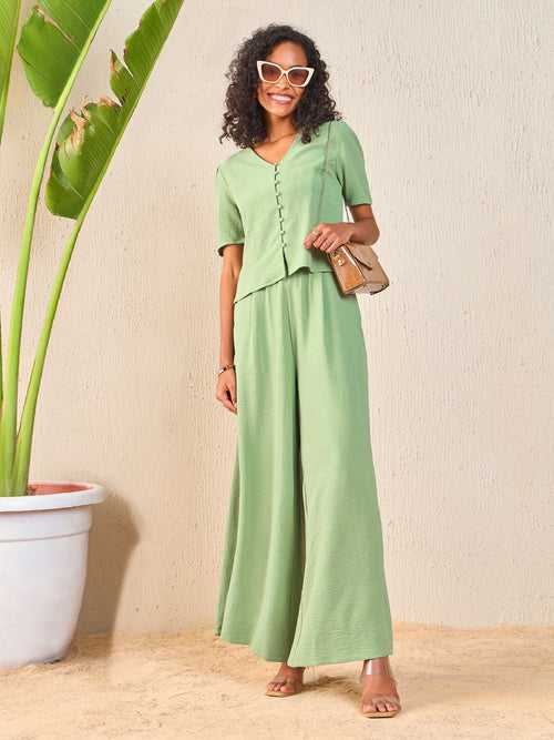 Women Green Front Button Top With Paperback Waist Pants