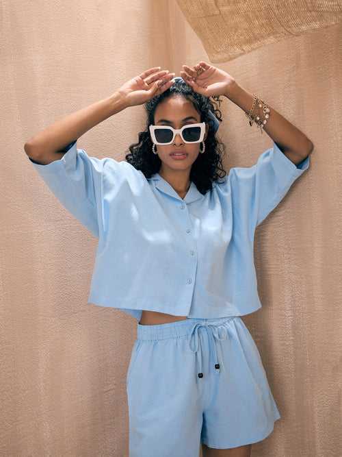 Women Blue Solid Crop Shirt With Shorts