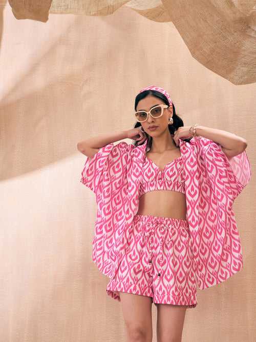 Women Pink & White Ikat Shorts with Bustier and Shrug