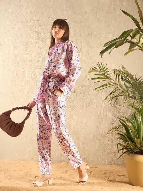 Women Pink Satin Floral Shirt with Darted Pants