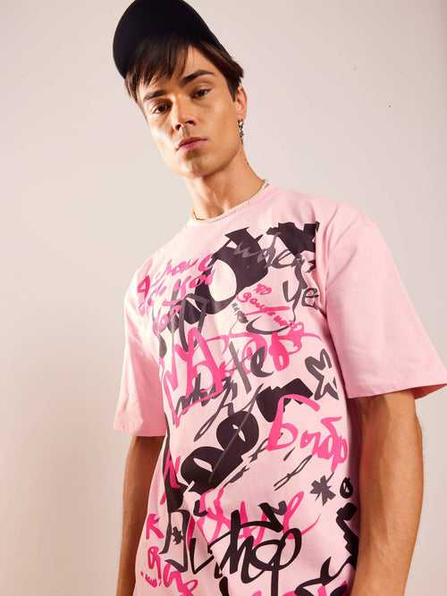Men Pastel Pink Abstract Print Oversized T-shirt