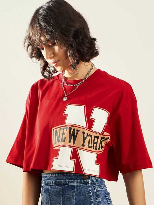Women Red NEW YORK Printed Crop T-shirt