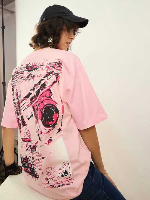 Women Pink Camera Printed Oversize T-shirt