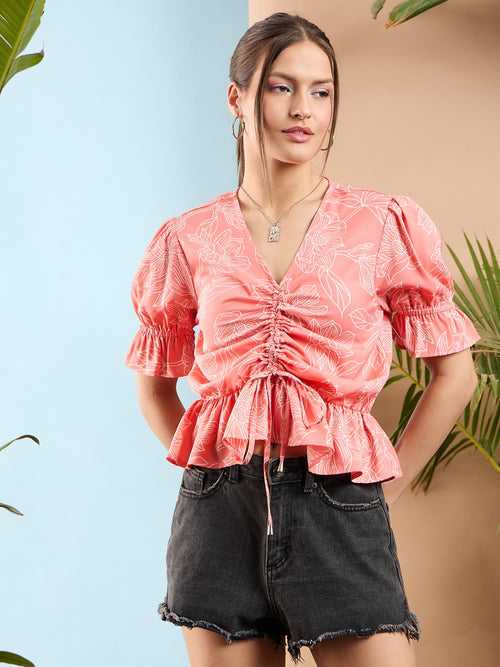 Women Peach Floral Front Ruched Top