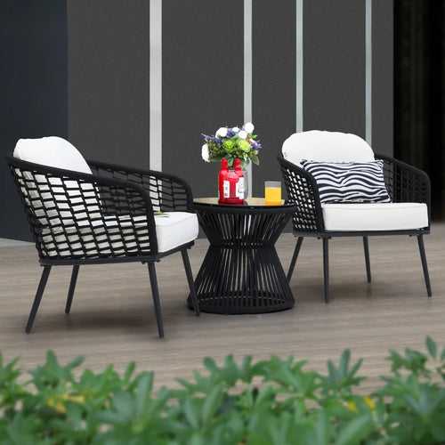 Spiff Outdoor Patio Seating Set 2 Chairs and 1 Table Set (Black + White) Braided & Rope