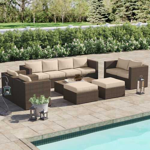 Olivier Outdoor Sofa Set 4 Seater ,2 Seater, 2 Single Seater and 2 Center Table with 2 Ottoman Set (Brown +Cream)
