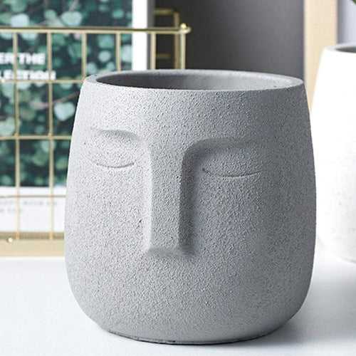 5-Inch Serene Face Concrete Pot (Medium)- Set of 1/2 | Available Color White, Beige, Red, Blue & Green |