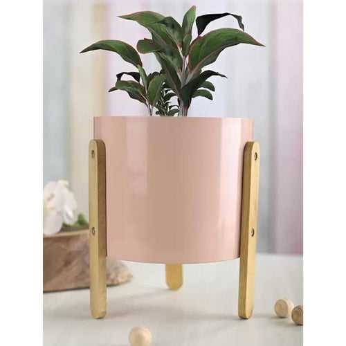 Metal Salmon Pink Pot with Wooden Stand