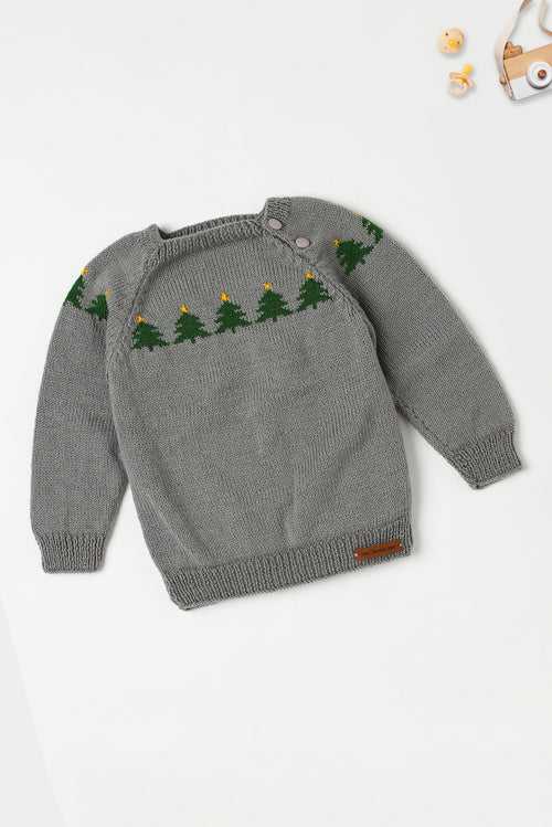 Christmas Tree Design Handmade Sweater- Grey & Green