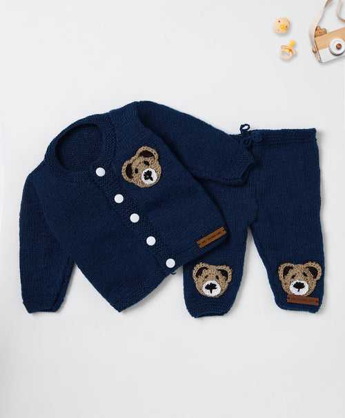 Teddy Embellished Handmade Pyjama Set- Navy Blue