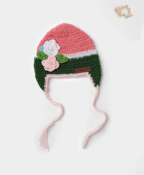 Handmade Flower Embellished Cap- Pink & Green