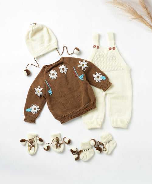 Flower Embroidered Handmade Dungaree Set- Brown & Off White