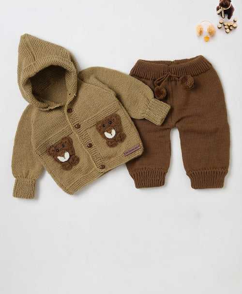 Teddy Embellished Handmade Pyjama Set- Beige & Brown