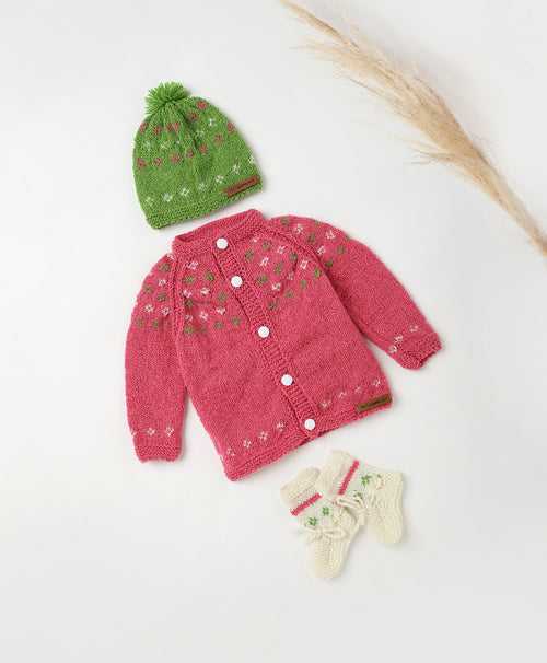 Handmade Self Design Sweater Set- Pink & Green