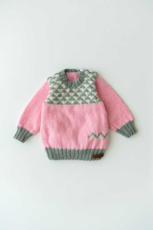 Handmade Self Design Sweater Set- Baby Pink & Grey