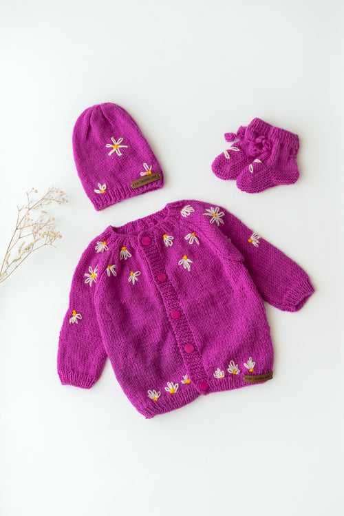 Embroidered Handmade Sweater Set- Purple