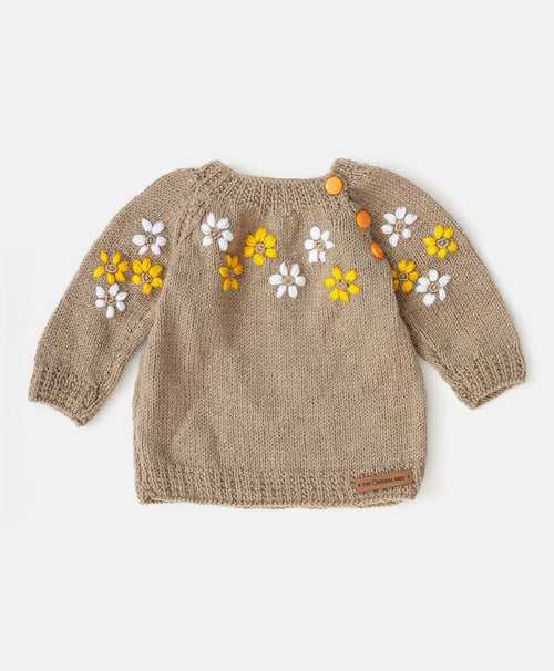 Flower Embroidered Handmade Sweater- Beige
