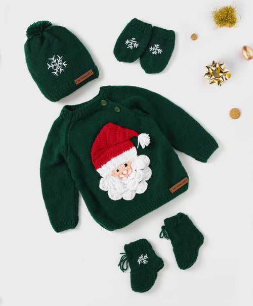 Handmade Santa Embellished Sweater Set- Green