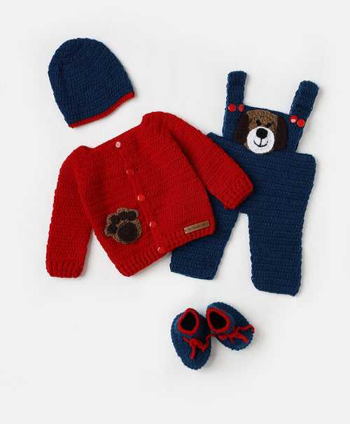 Claw Embellished Handmade Crochet Dungaree Set - Red & Blue