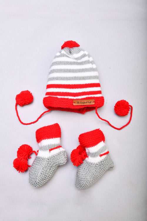 Handmade Cap with Socks- Grey & Red