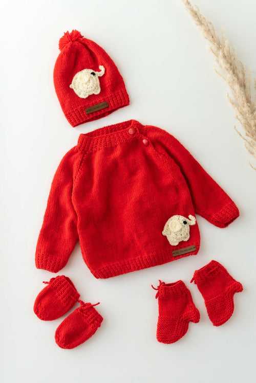Elephant Patch Handmade Sweater Set- Red
