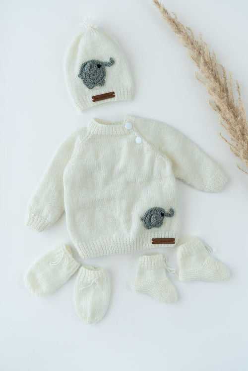 Elephant Patch Handmade Sweater Set- Off White