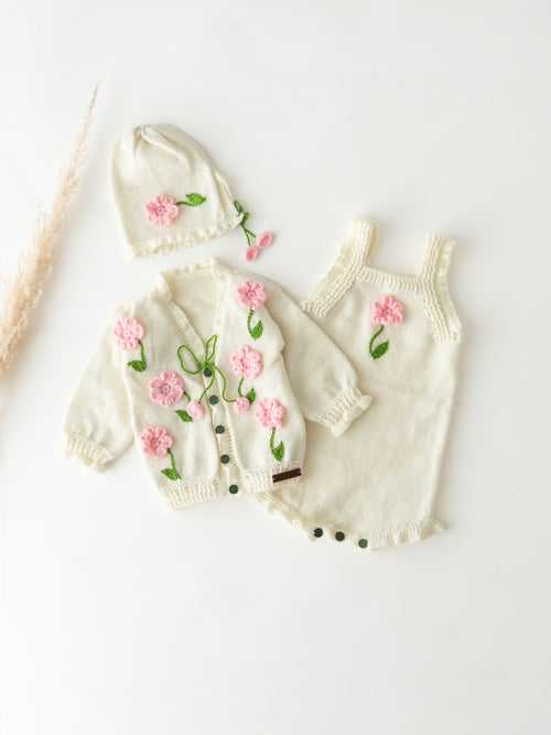 Flower Embellished Handmade Romper Set- Off White & Pink