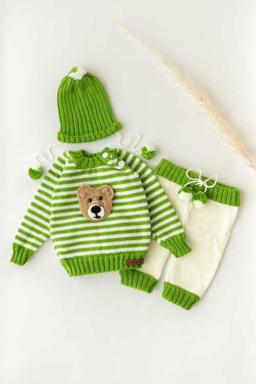 Teddy Patch Sweater & Pant Set- Green & Cream